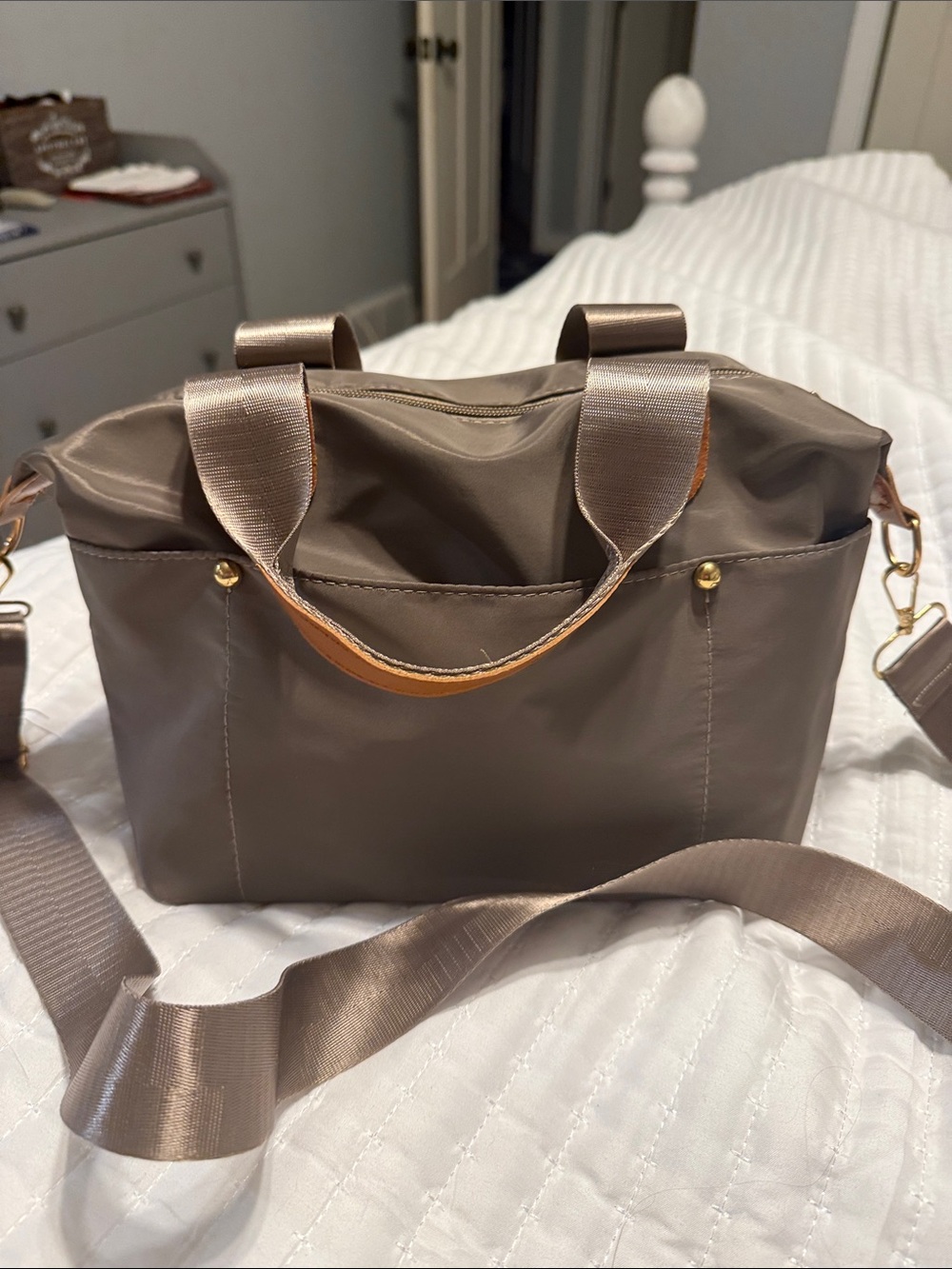 Taupe Nylon Crossbody Tote Bag with Gold Accents